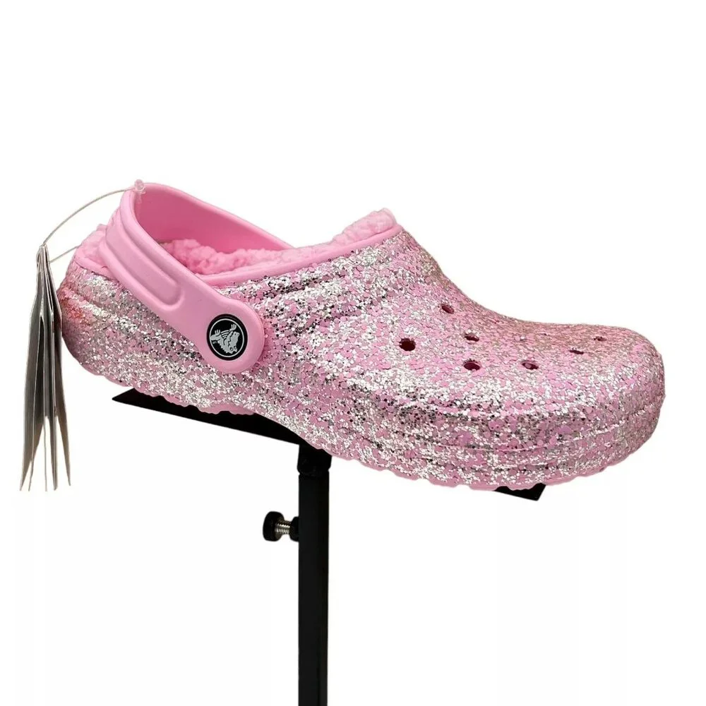 Crocs Youth Girls Slip-on Lined Clogs Sz 3 (J3) Pink Glitter Faux Fur Fuzzy Warm